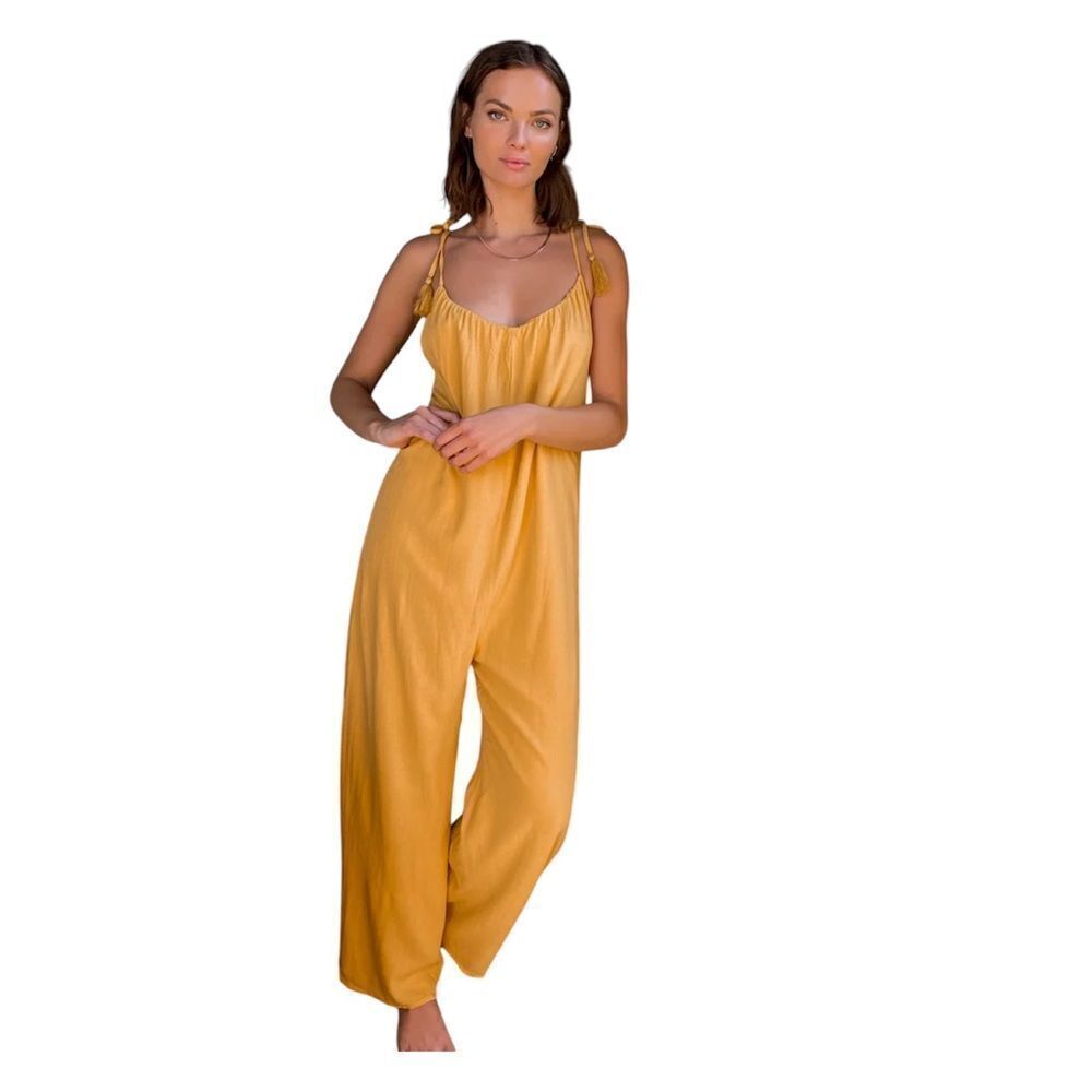 Lulus Knot Since You Mustard Yellow Tie-Strap Wide-Leg Jumpsuit NWT